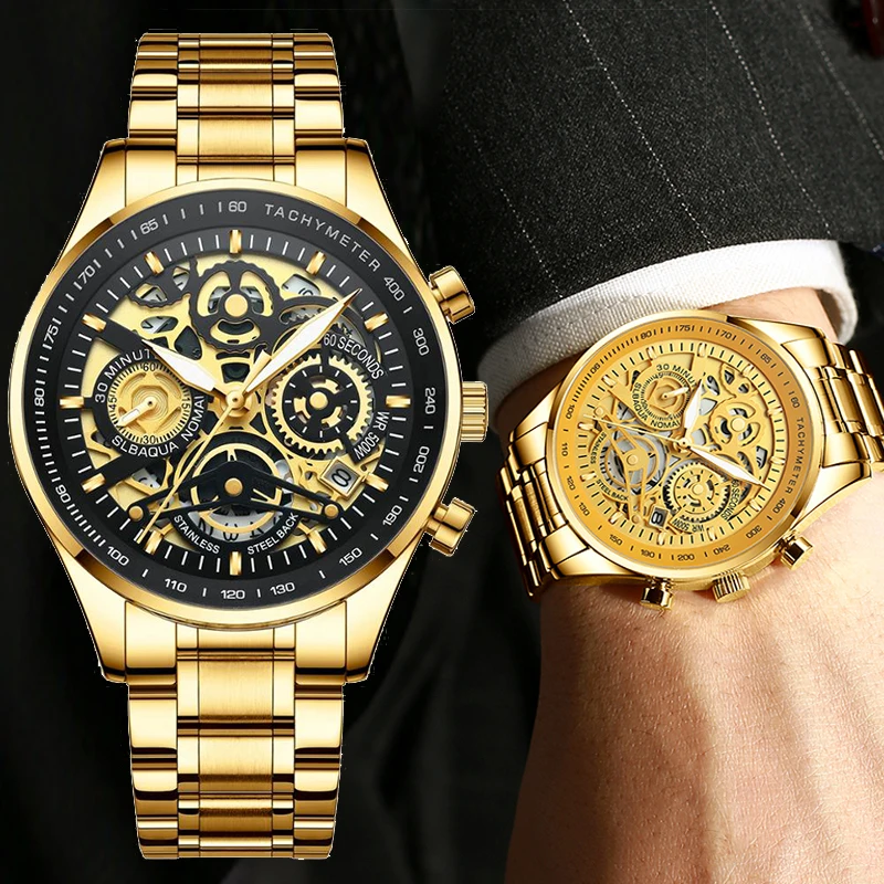 

Часы наручные NIBOSI Мужские кварцевые, брендовые Роскошные спортивные водонепроницаемые с хронографом, золотистые с датой, 2021