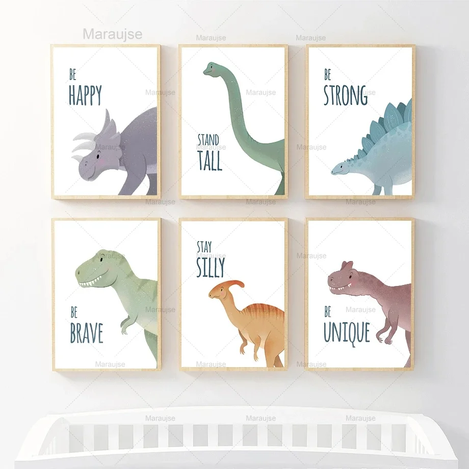 

Милый динозавр Трицератопс тираннозавр мультфильм скандинавские плакаты и принты Настенная картина на холсте настенные картины декор дет...