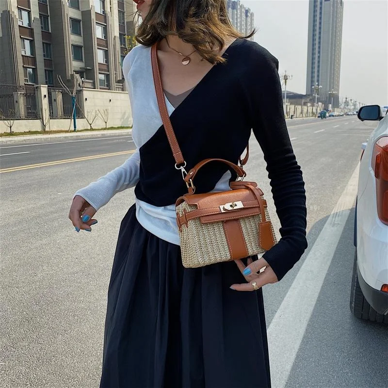 

Straw woven women's bag, PU leather splicing shoulder bag, beach and summer