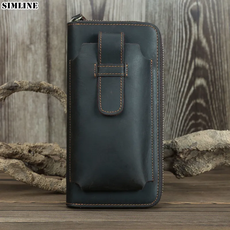 Кошелек мужской из натуральной кожи Винтажный Длинный Бумажник на молнии клатч