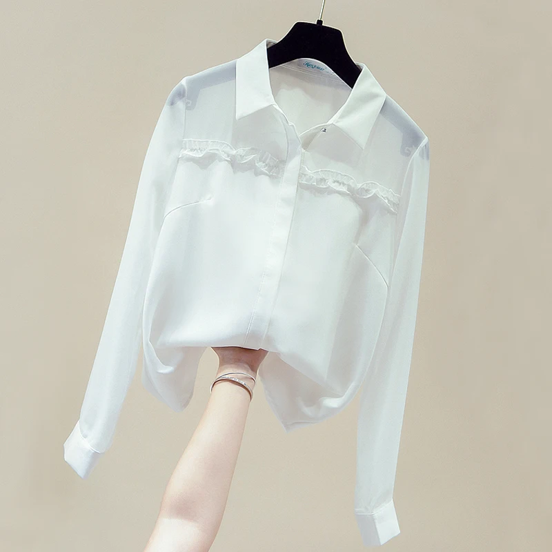 

Шифоновая белая блузка с длинным рукавом, рубашка, женская блузка, модная офисная блузка с отложным воротником, топы D774, 2021