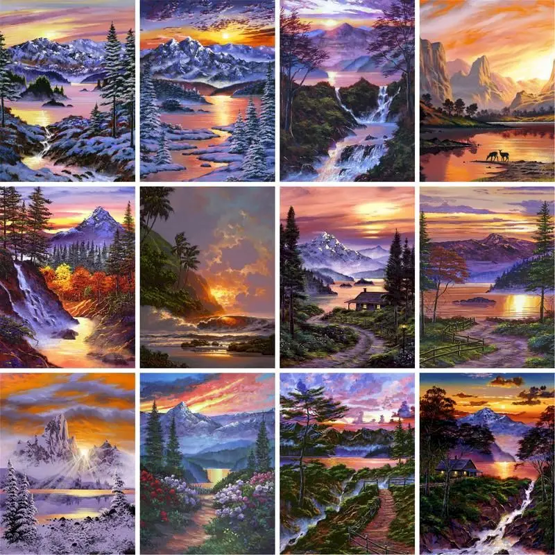 

GATYZTORY Sunset Scenery Paint By Numbers DIY Oil Painting By Numbers On Canvas Scenery 60x75cm Frameless Number Painting Decor