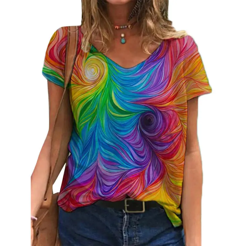 

Womens Printed Short Sleeve V Neck T-shirt Ladies Summer Casual Blouse Tops Tee