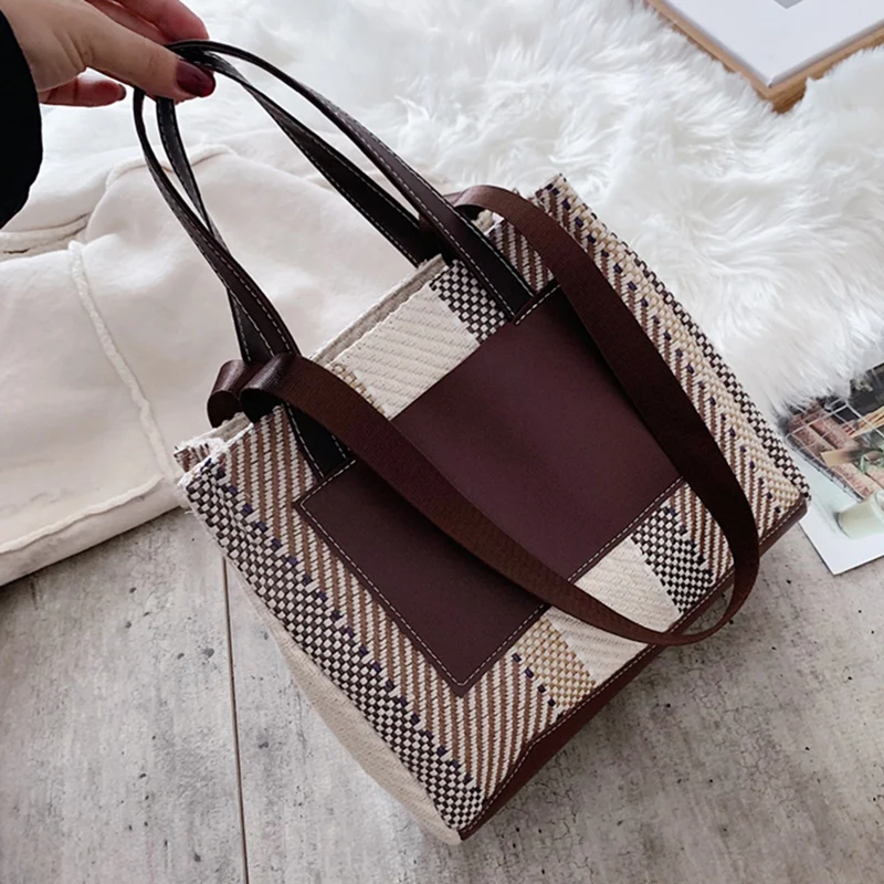 

Fashion Women's Canvas Woven Shoulder Bag Casual Retro Messenger Bag Large Capacity Travel Handbag Tote Bag