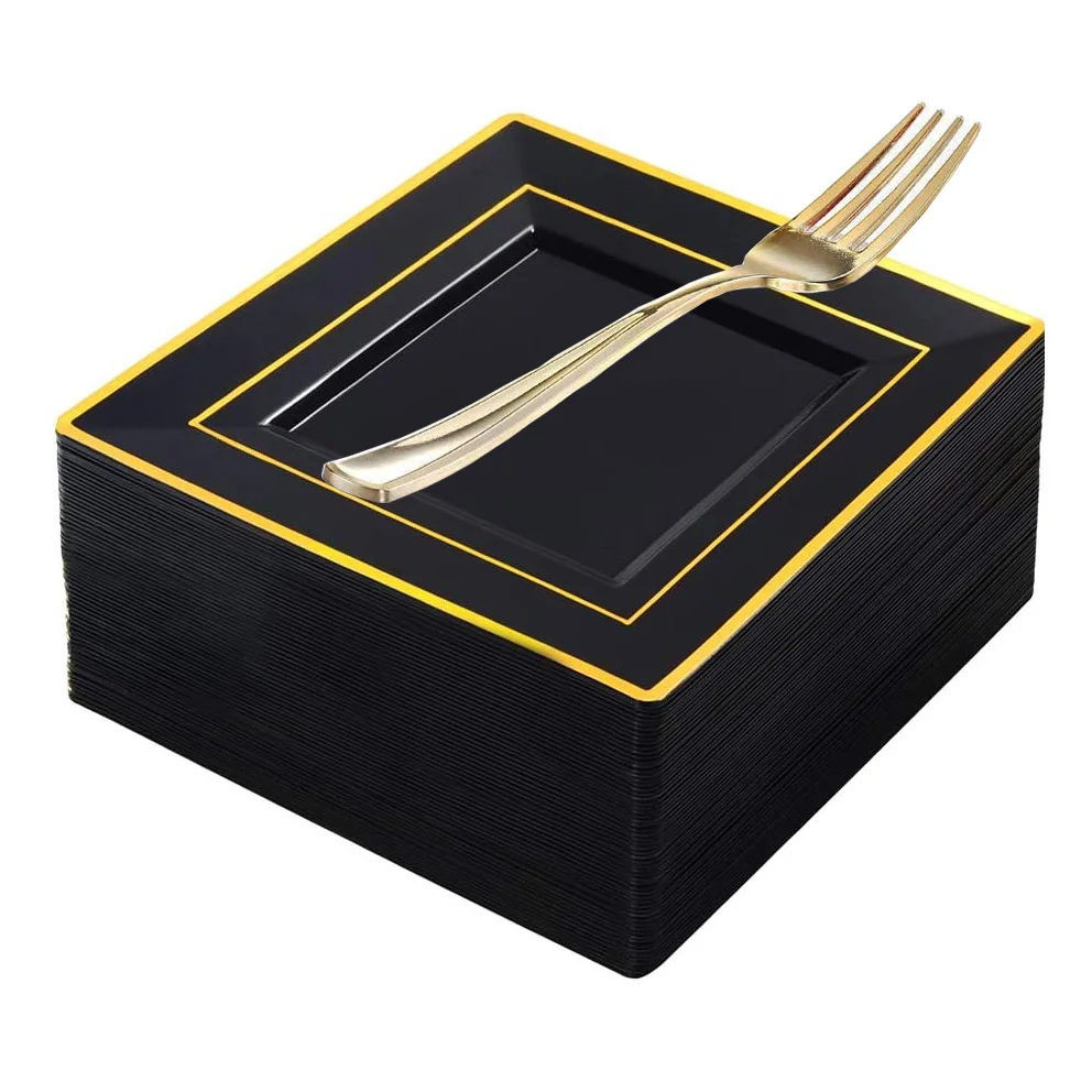 

Black Square Plastic Plates with Gold Fork- Disposable Cake Plates- Premium Hard Square Small Appetizer Plates for Wedding/Party