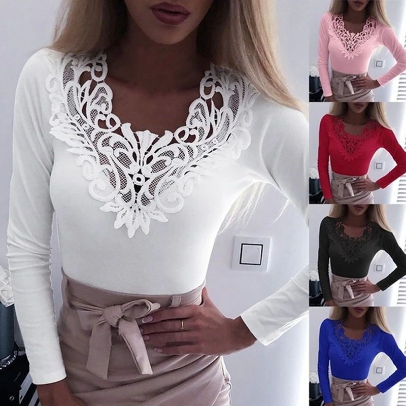 

New Women Slim Tunic Lace V Neck Blouse 2021 Sexy Elegant Summer Short Sleeve Blouse Lace Flower Plus Size Tops Blouses