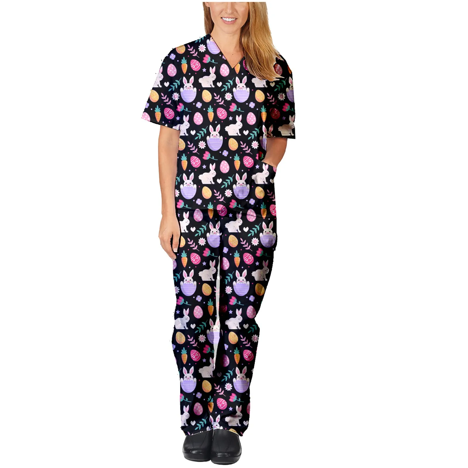 

Happy Easter Медсестры скраб-топ, штаны, Рабочая форма, комплект, костюм с мультяшным принтом, рабочая одежда Gorro Enfermera A50