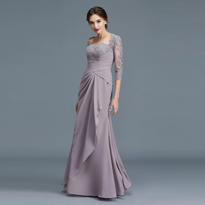 

Mother Of The Bride Dresses A-line Sweetheart 3/4 Sleeves Chiffon Appliques Beaded Long Groom Mother Dresses For Weddings