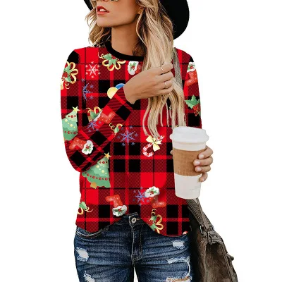 

Fall 2021 New Leopard Print Women's T-shirt All-match Women's Top Long Sleeve Christmas Harajuku O-neck Pullover Hoodie T-shirts