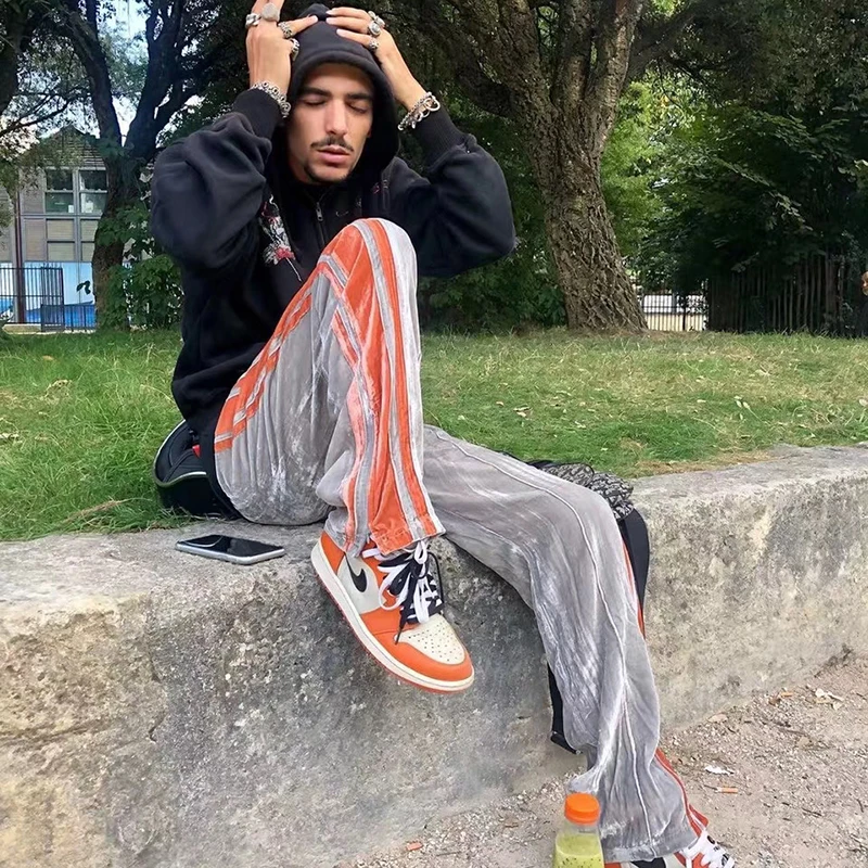 Kanye West полосатые Лоскутные Бархатные повседневные брюки для мужчин и женщин