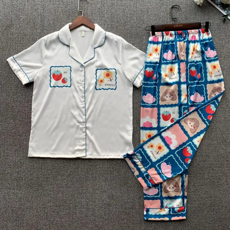 

Cute Print Women Pajamas Satin Silk Two Piece Set Lounge Wear Casual Pyjamas 2021 New Shirt&Pants Soft Sleepwear Lingerie