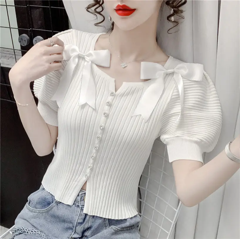 

2021 new summer square neck bow decoration bubble sleeve T-shirt women's slim fit short top shirts for women Ruffles