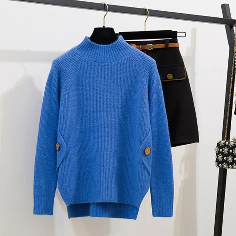 Женский вязаный комплект из 2 предметов пуловер с высоким воротником и шерстяная