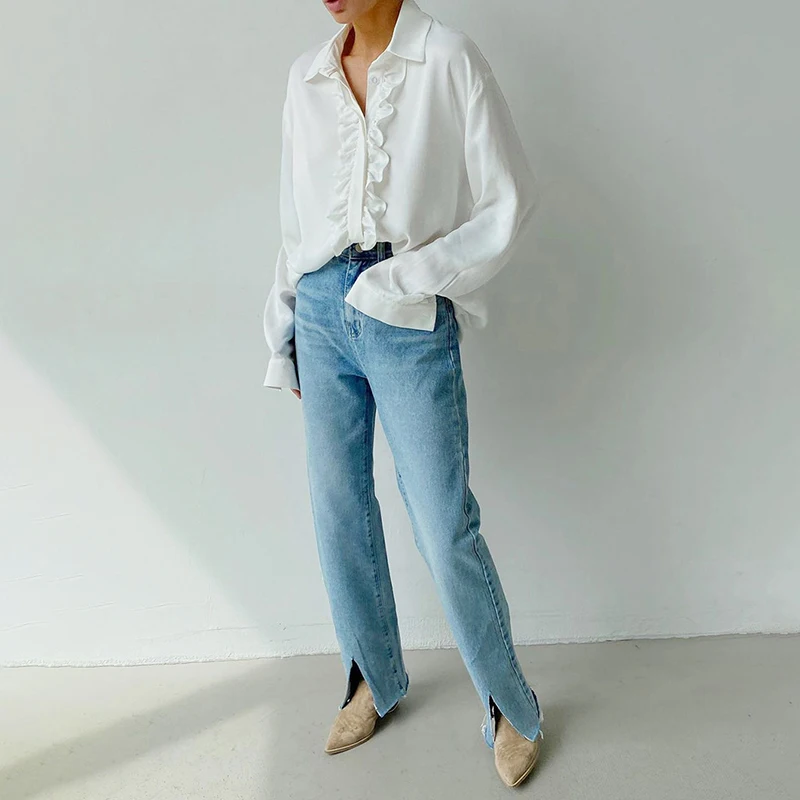 

ONEINALL White Sexy Button Through Blouse For Women Lapel Long Sleeve Lace Up Casual Solid Shirts Female 2021 Summer New Clothes