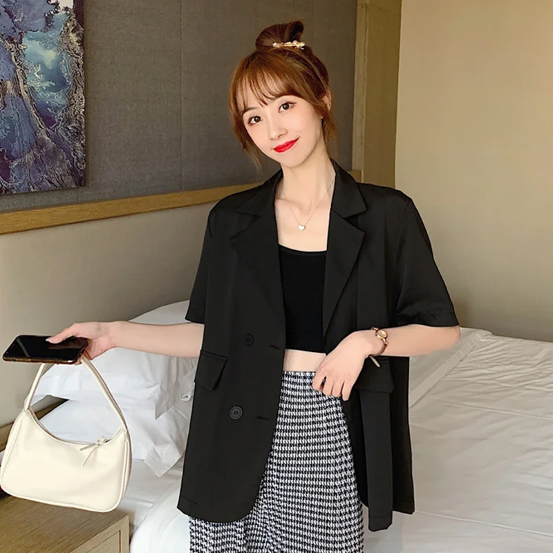 Женский черный костюм с коротким рукавом летнее тонкое красное пальто