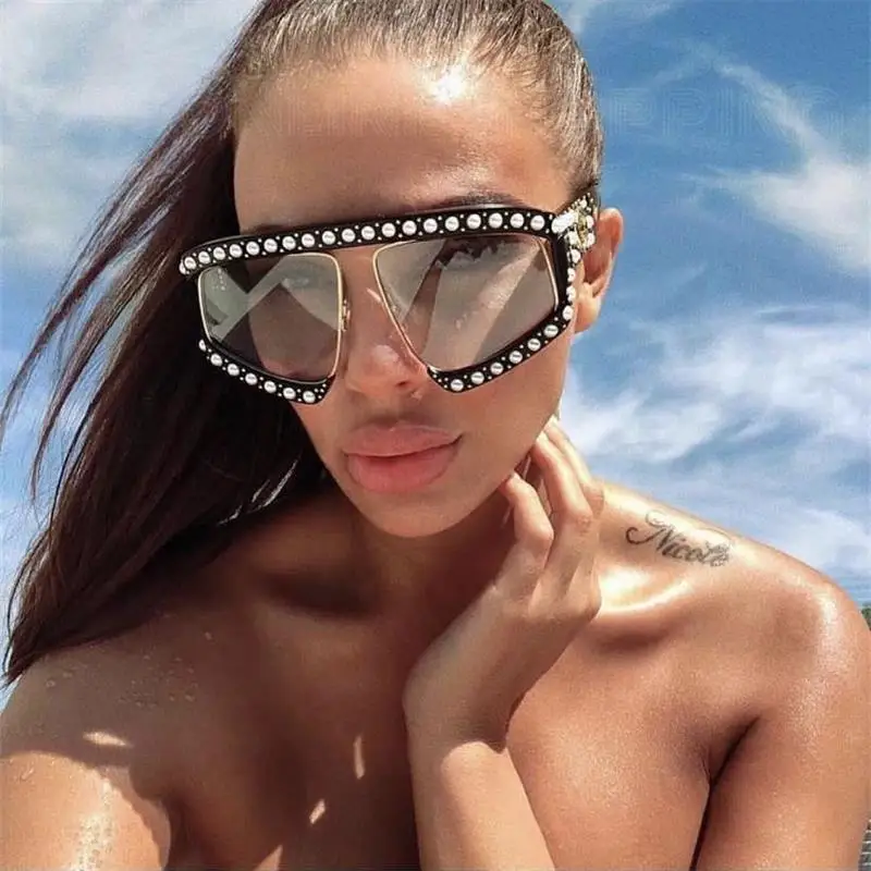 Винтажные большие жемчужные солнцезащитные очки для женщин с прозрачными