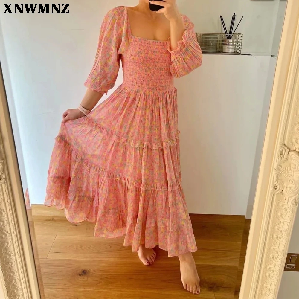

XNWMNZ Summer Women Sweet Floral Print Princess Long Dress Elegant Ladies Sexy Square Neck Puff Sleeve Slits Holiday Party Robe