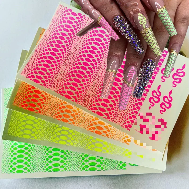 

Hot! 4Sheet/Set SnakeSkin Tattoo-Iridescent Neon Water Transfer Sticker Nail,Snake-Skin Decorative Pattern Manicure Decal Sticke