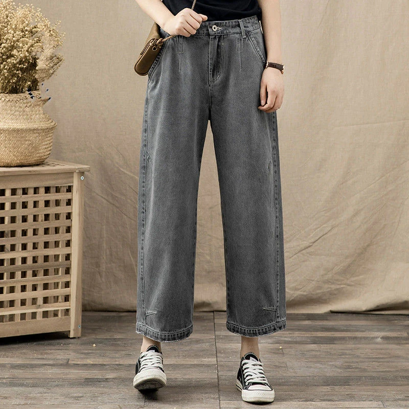 

New Arrival 2020 Spring Korea Fashion Women High Waist Wide Leg Denim Pants Vintage Gray Loose Casual Jeans Plus Size S897