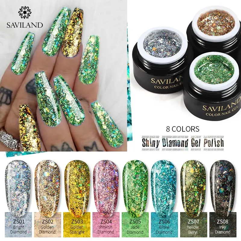 SAVILAND 3D Shiny Diamond Nail Gel Polish Holographic Glitter LED UV Semi Permanent Gel Varnishes Soak Off UV LED Nail Art