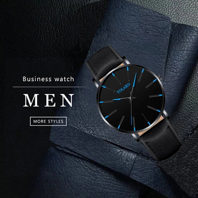 Простые мужские модные часы кожа черный цвет ультра тонкий матовый циферблат