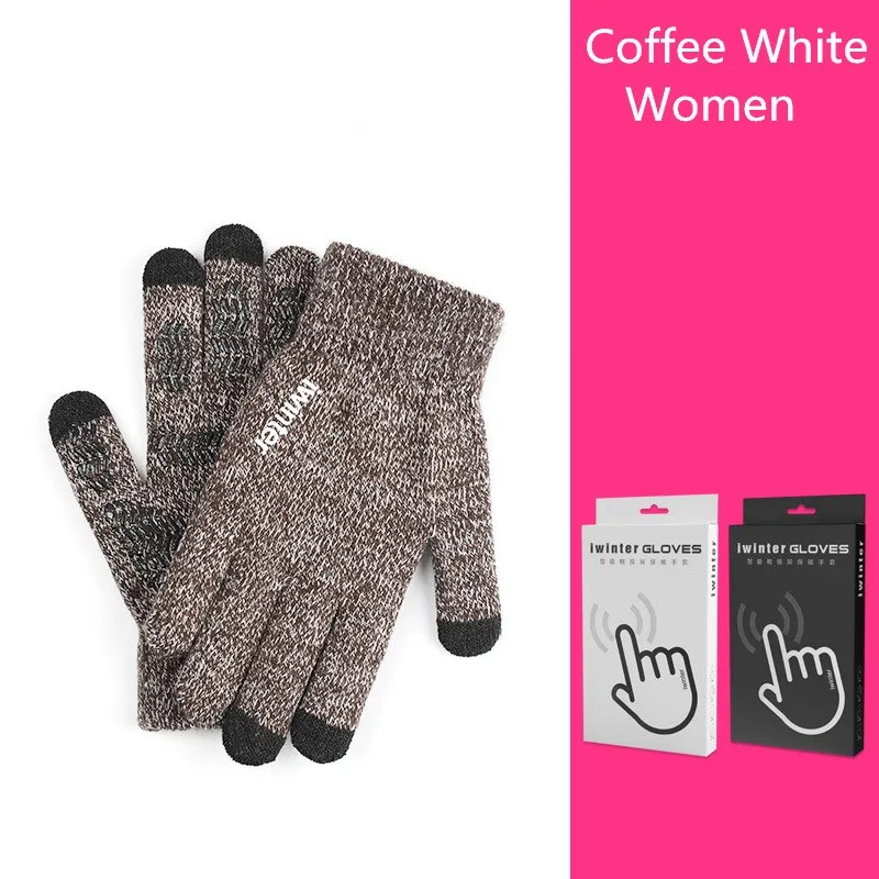 Coffee White Women Fashion Touch Screen Gloves Men Women Winter Warm Knitting Mittens Anti Slip Thicken Full Finger Guantes - Цвет: Coffee White Women