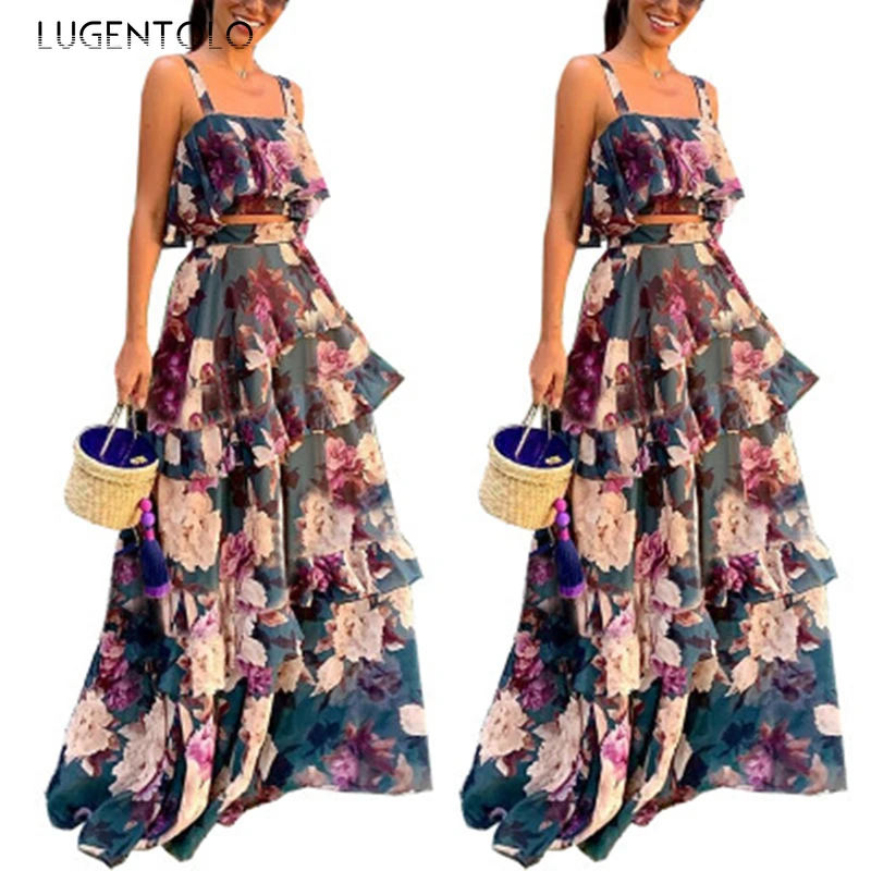 

Lugentolo Women Sexy Two-piece Set Summer Short Spaghetti Strap Tops Chiffon High Waist Big Swing Skirts Print Lady Casual Sets