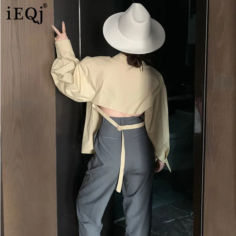 

IEQJ Korean Khaki Fashion Version Design Personality Open Back Shirt Female Back Drawstring Top Was Thin Blouse New Summer 2021