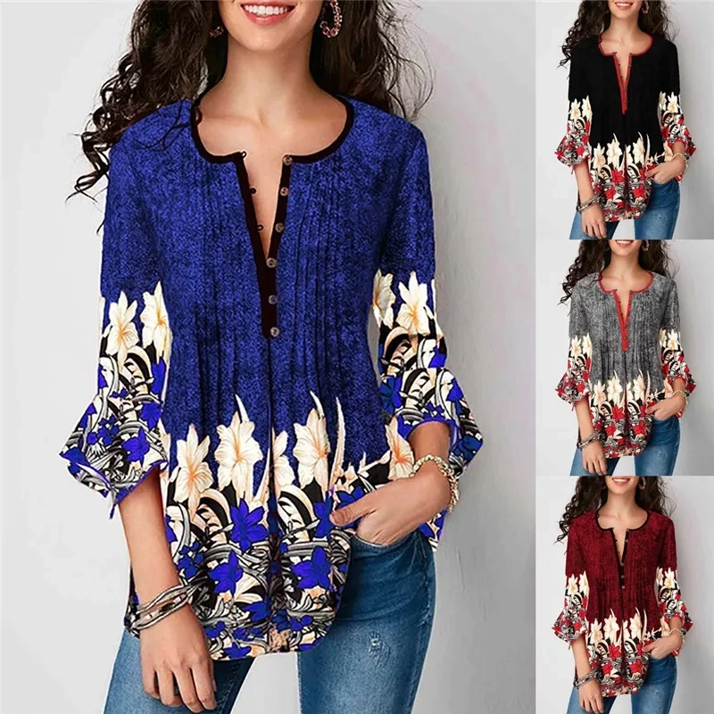 Женские блузки повседневные рубашки с рукавом семь четвертей лотоса v образным
