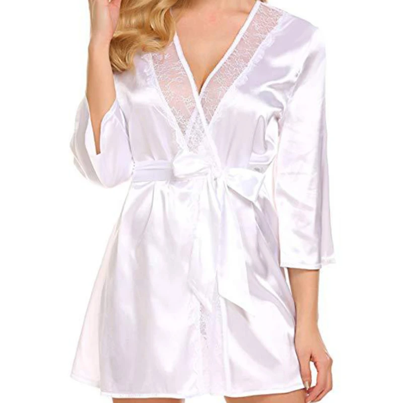 

Sexy Women's V-Neck Lace Mesh Nightdress Sleepwear Ladies Silk Robe Nightwear Nightgown