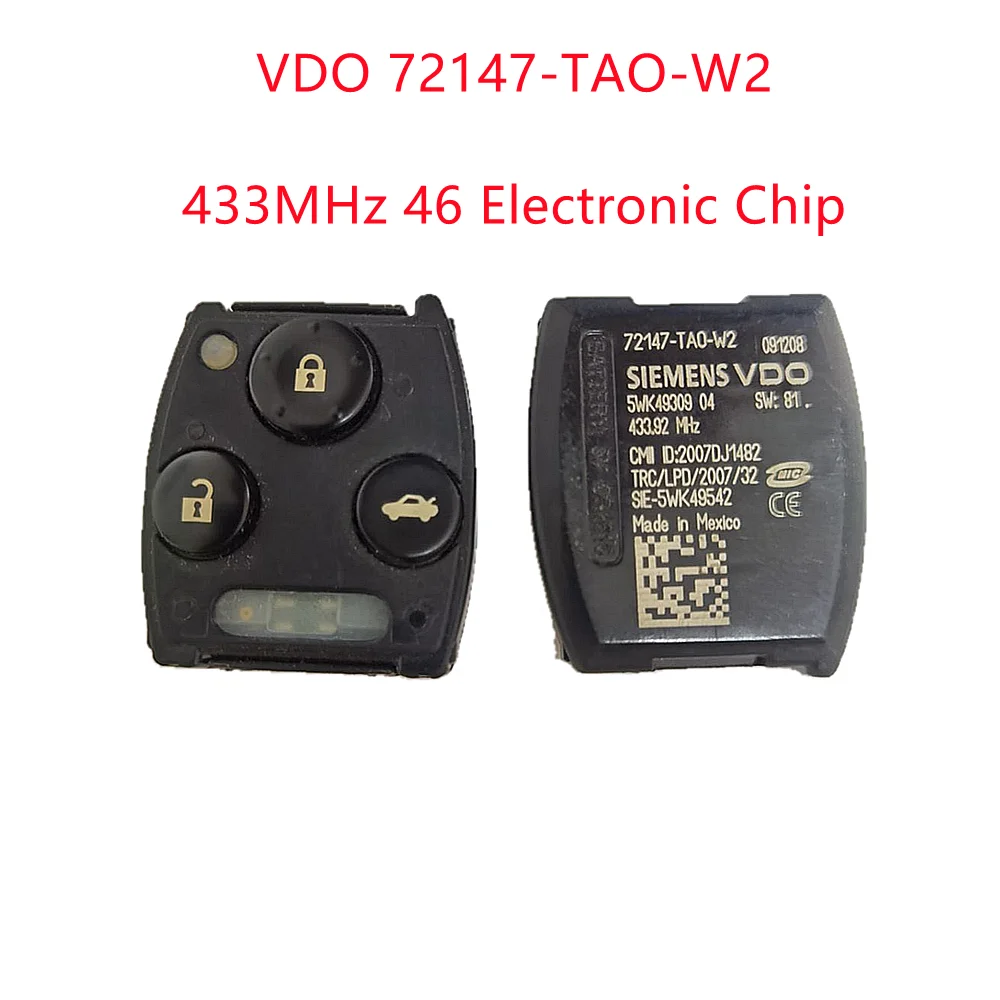 VDO 72147-TAO-W2 telecomando 3 pulsanti 433.92Mhz con 46 Chip elettronici per Honda Accord 2008 2009 2010 ricambi Auto originali