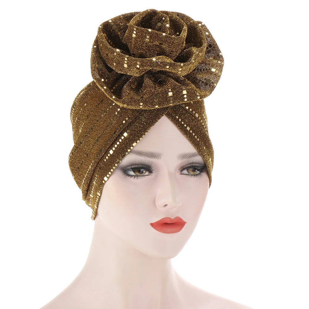 

Muslim Hijab Hat Indian Cap 3D Flower Turban Women Beanie Chemo Cancer Cap Sequins Headwear Bandana Wedding Party Hair Accessory