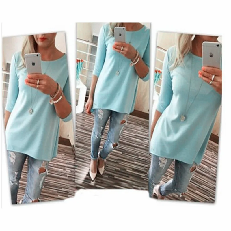 M& DE футболка для женщин рукав три четверти однотонная с круглым вырезом camisa feminina лето осень футболка женская poleras mujer de moda