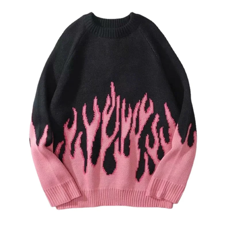 

Свитер мужской с принтом пламени, уличная одежда в стиле ретро, Повседневный пуловер оверсайз из спандекса, с круглым вырезом, в стиле хип-хо...