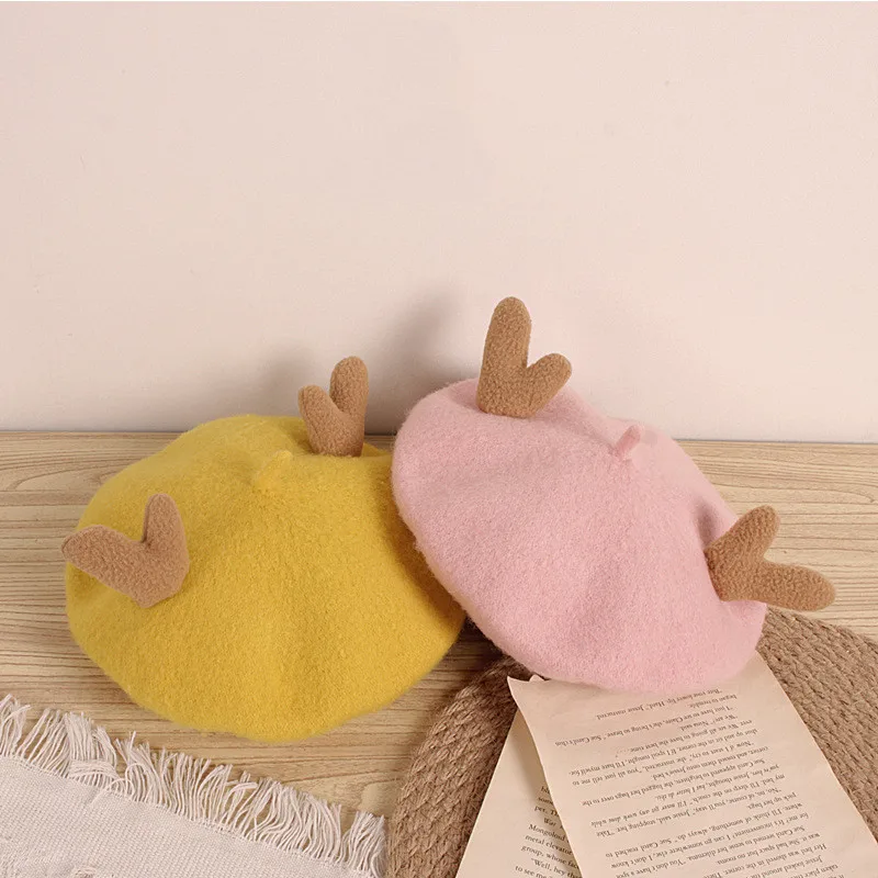 

Cute Antlers Children Girls Wool Beret Hat Cap Warm Winter Hats for Girl Kids 2020 Painter Cap Child Girl Hat 2-6 Years Old