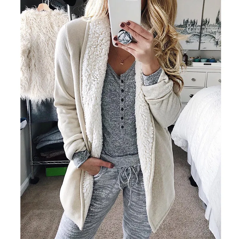 Женские куртки 2019 зимние плюшевые плотные пальто одноцветные с отворотом