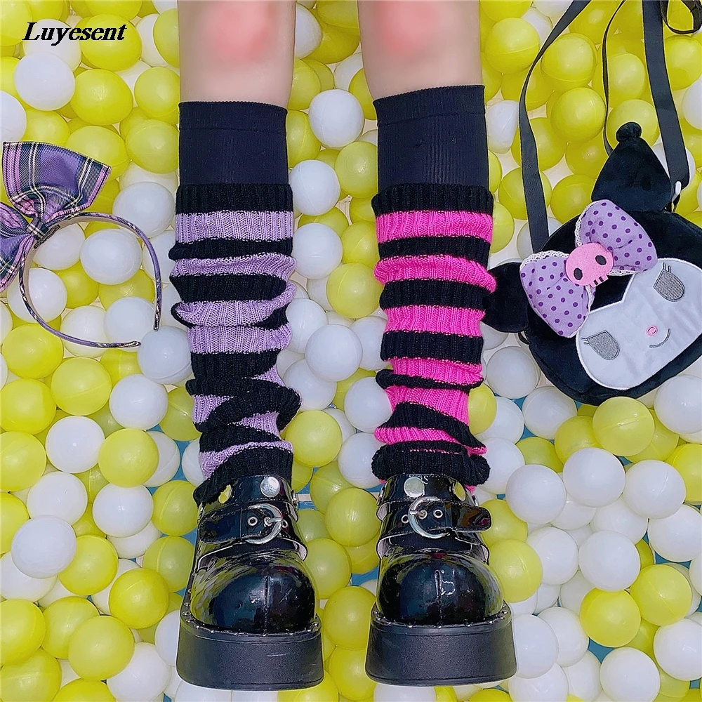 2021 Autumn Winter Goth Striped Women Leg Warmers Lady Cute Jk Stretch Knee-length Cool Hipster Warm Knit Sock Fashion Socks