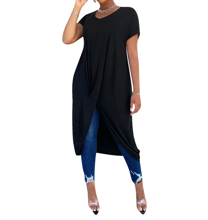 

Женские Летние повседневные топы с длинной сумкой, свободный однотонный топ с короткими рукавами, женская блузка с круглым вырезом, тонкая ...