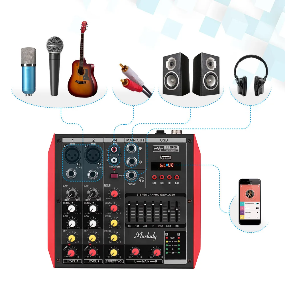 Muslady D6 портативный 6-канальный смешивания консольный микшер 7-полосным
