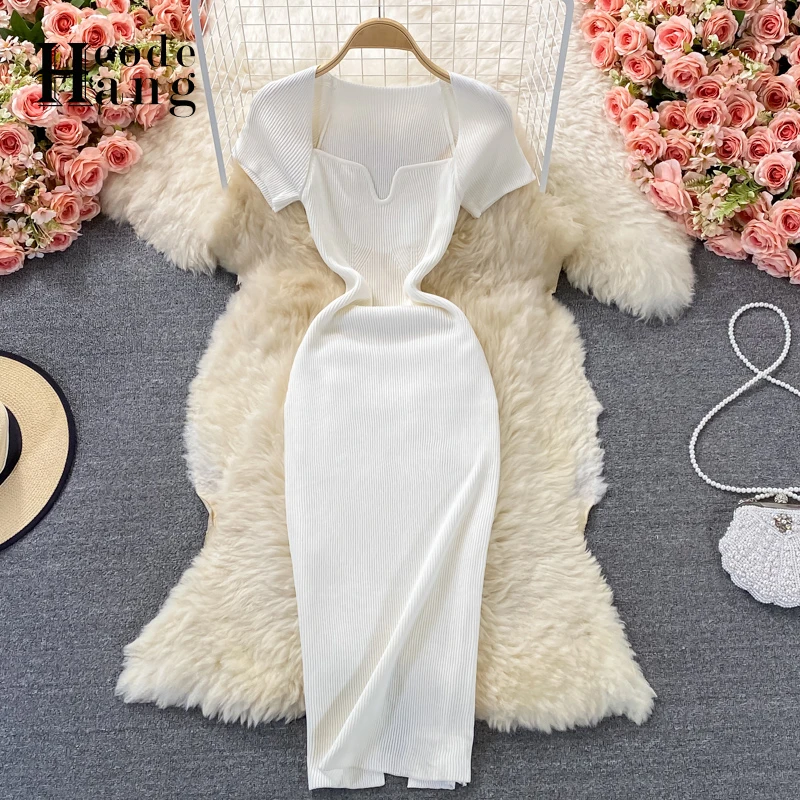 

HangCode Square Collar White Knitted Sweater Dresses Casual All Match Simple Back Slit Women Dress Elegant 2021 Summer Bodycon