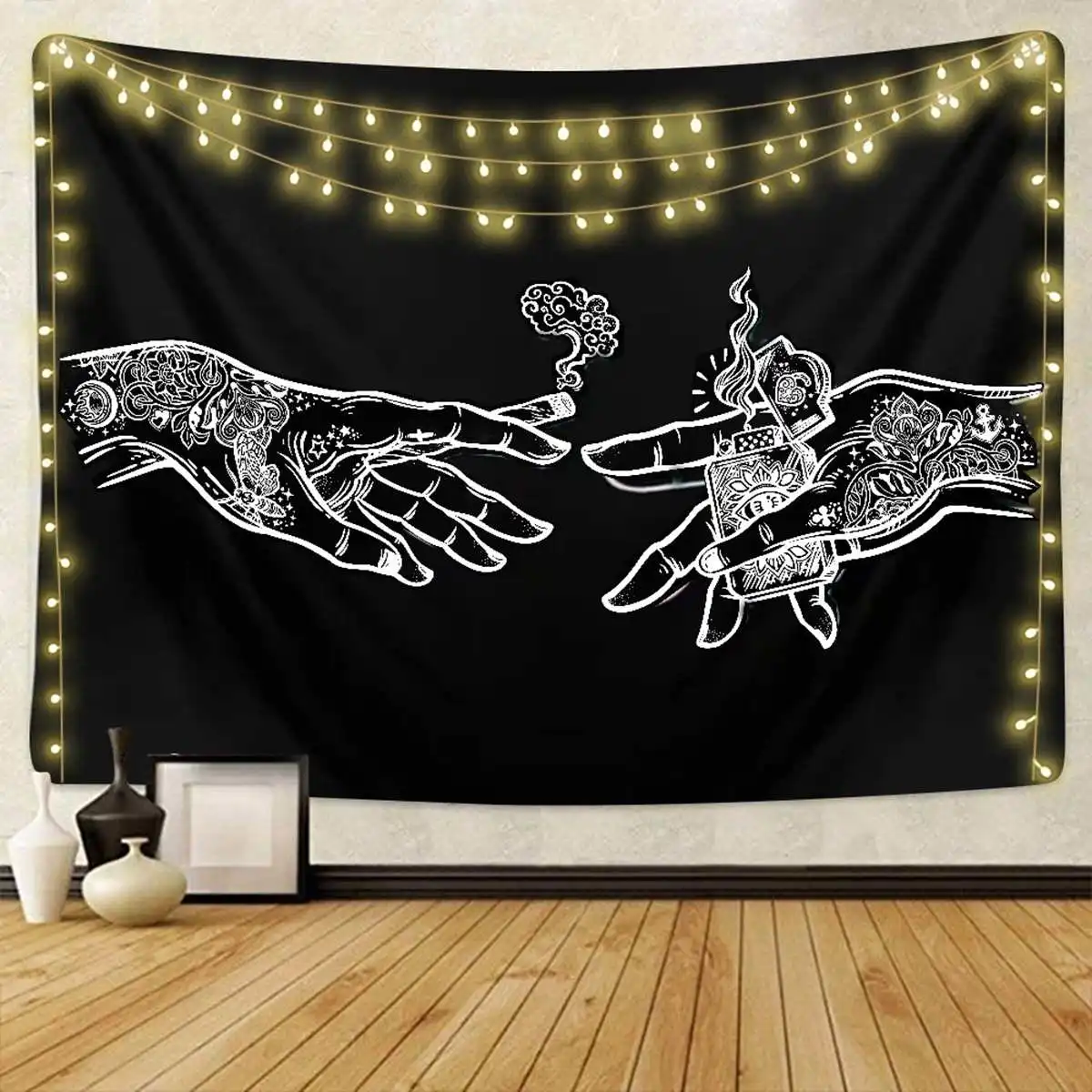 

95/150/200cm White Black Cigarette hand Mandala Tapestry Wall Hanging Celestial Wall Tapestry Hippie Wall Carpets Dorm Decor