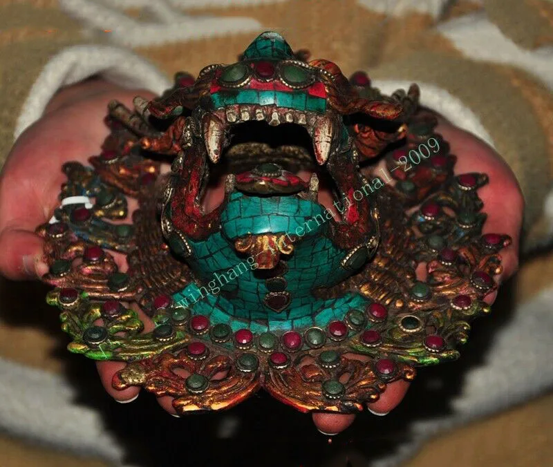 

wedding decoration Old Tibetan Bronze Gilt Inlay turquoise gem Ox Bull Yamantaka King Buddha statue