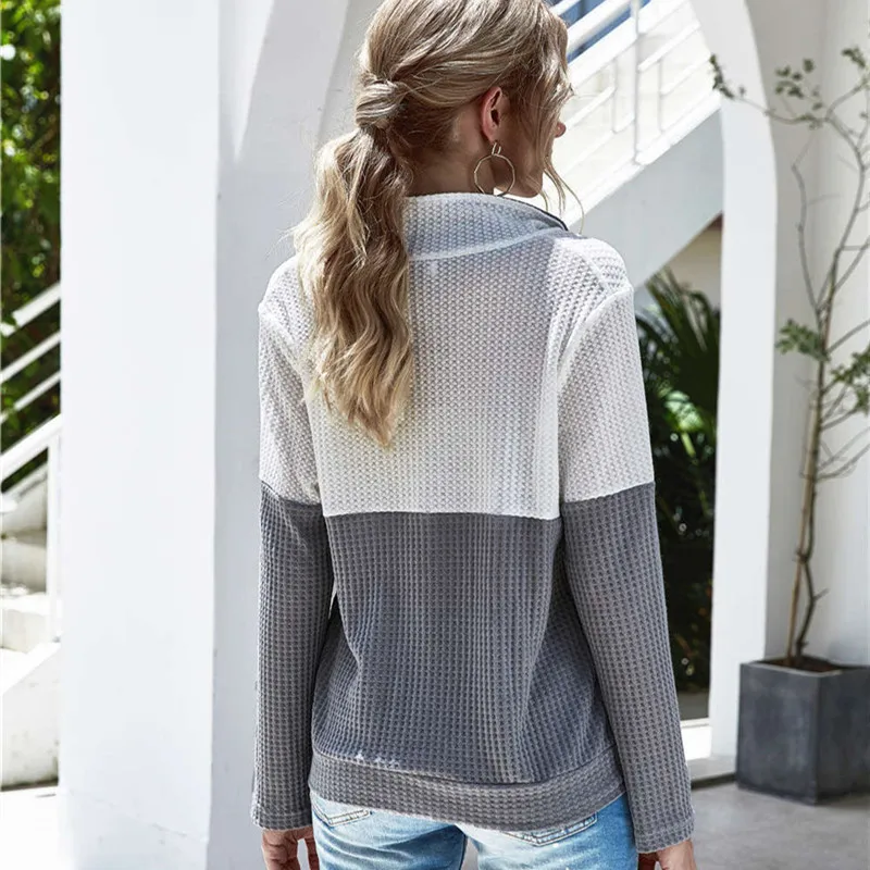 

Women Tops 2020 Fashion Patchwork Knitting Clothes Casual Long Sleeves Zipper Pockets T-shirts