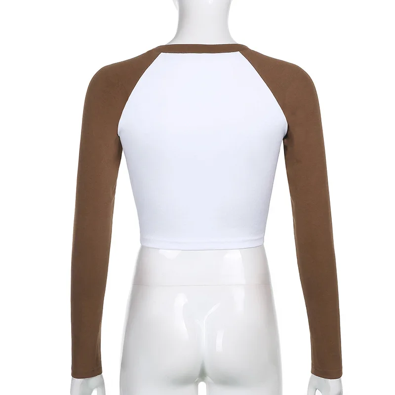 

ALLNeon Y2K Fashion Leopard Print Patchwork Brown T-shirts Vintage E-girl O-neck Heart Long Sleeve Tops Casual Tees Streetwear