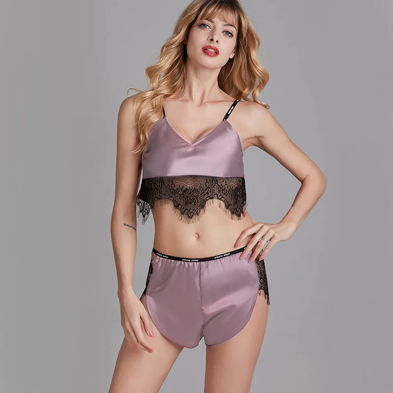 Комплект пижамный женский из двух предметов атласное пикантное нижнее белье на