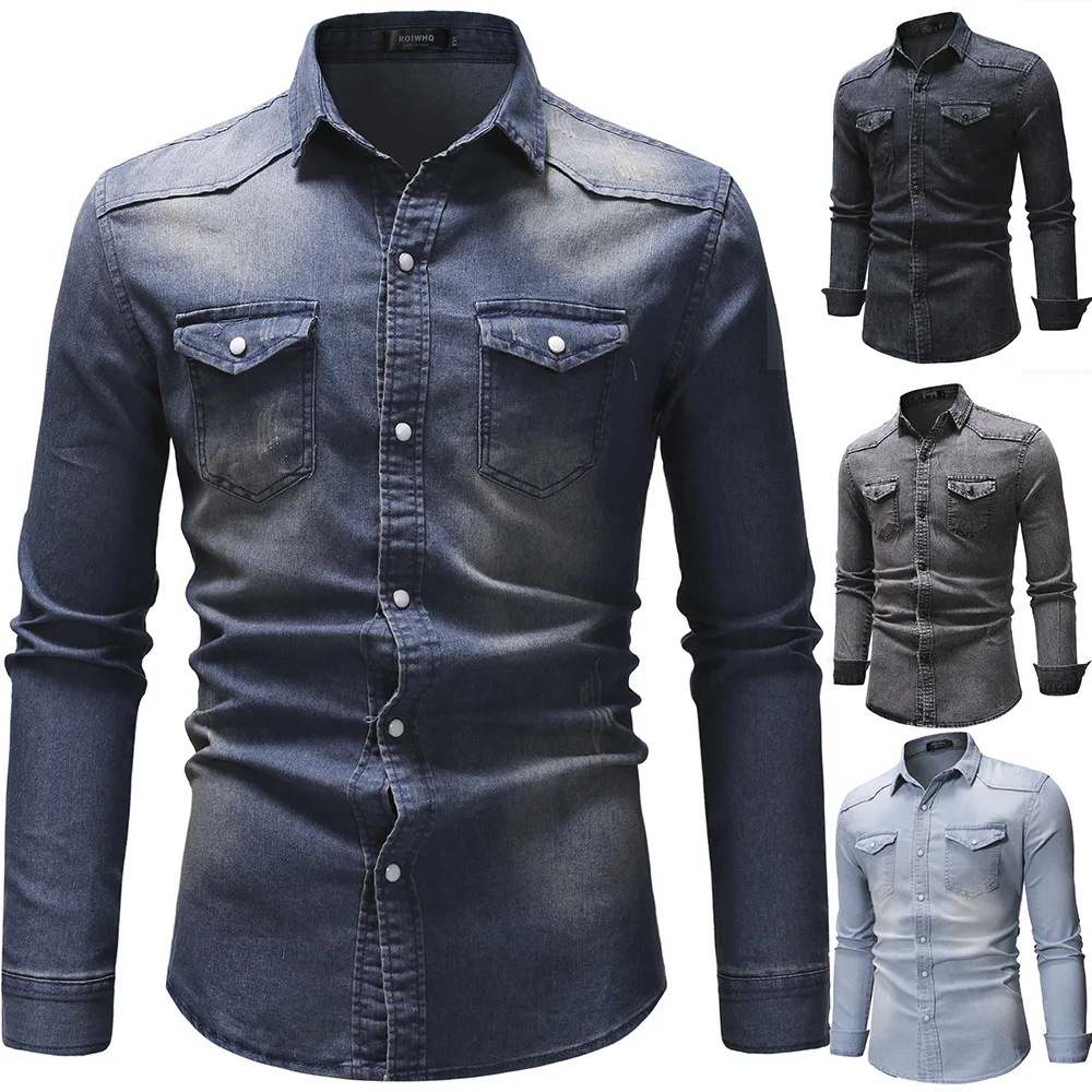 

Men's Denim Shirt Long Sleeve Turn Down Collar Solid Color Cardigan Shirt with Pockets Casual Single-Breasted Slim Type Tops