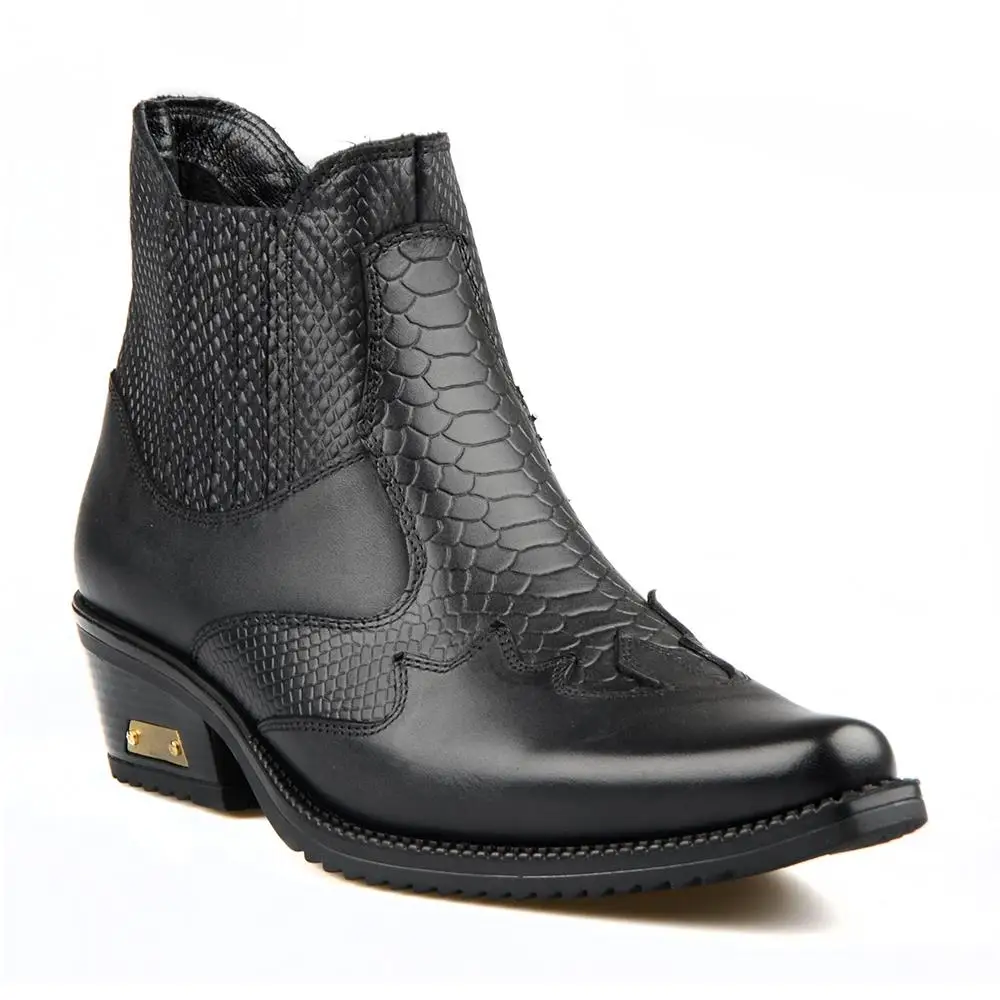 Goede Footcourt-Zwart Cowboy Enkellaarsjes Voor Mannen Vintage Snip Teen Texas Rijlaarzen Stretch Mannen Retro Westerse Laarzen Echt Lederen