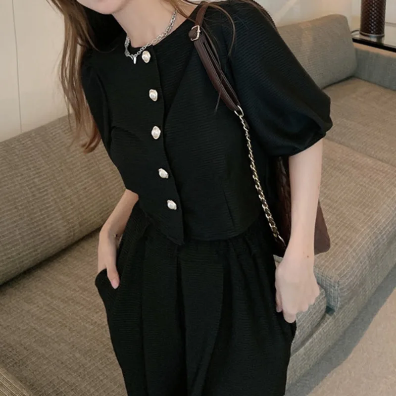 

Women Solid 2pcs Tracksuits Suits Summer 2021 New Vintage Short Top + High Waist Draped Carrot Pants Two-piece Trend Clothing