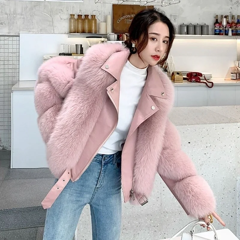 

2021 Faux Fur Coat Winter Jacket Women Fake Fox Fur with PU Leather Outerwear Short Long Sleeve Streetwear Locomotive Y191