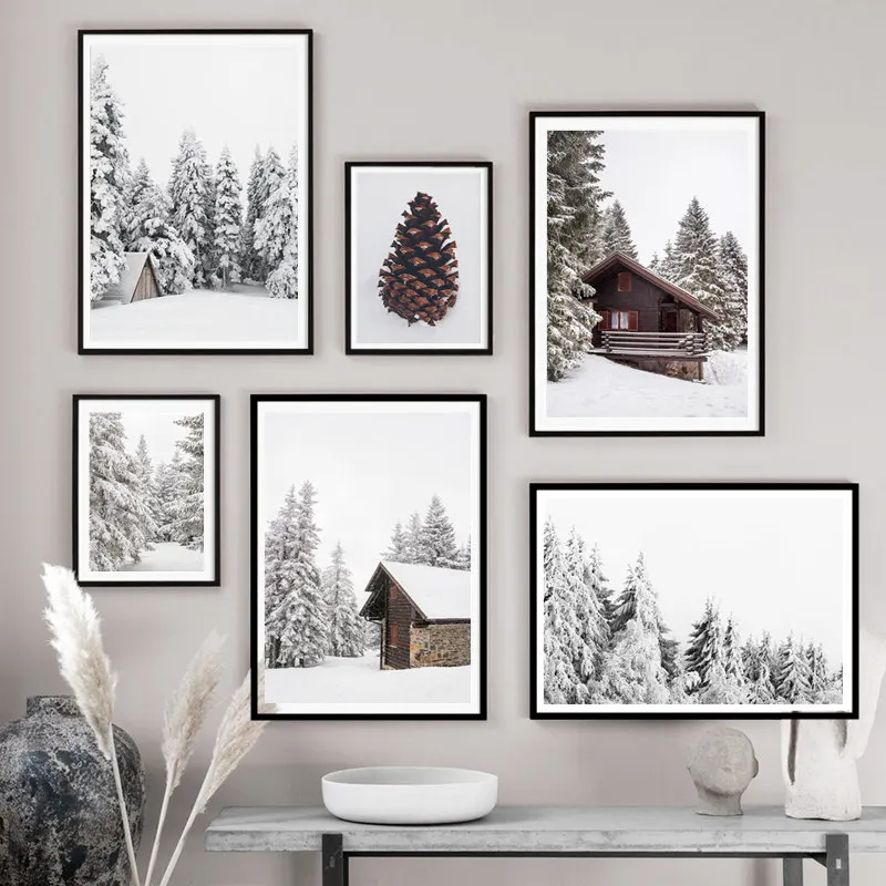 

Christmas Snow Scene Forest Paintings on The Wall Nordic Wooden House Poster Home Decor Picture Living Room Decoration Wall Art